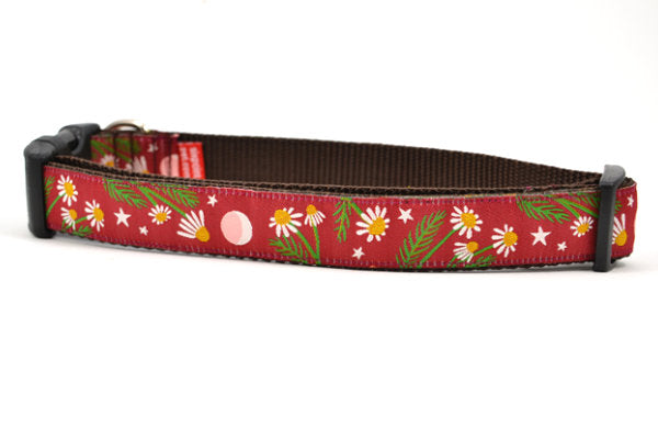 Large burgundy dog collar with chamomile flowers, stars, and half moon design.