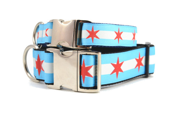 Stack of two dog collars with metal clasps - dog collars have two light blue stripes and one white stripe and red six pointed stars - representing the Chicago Flag.