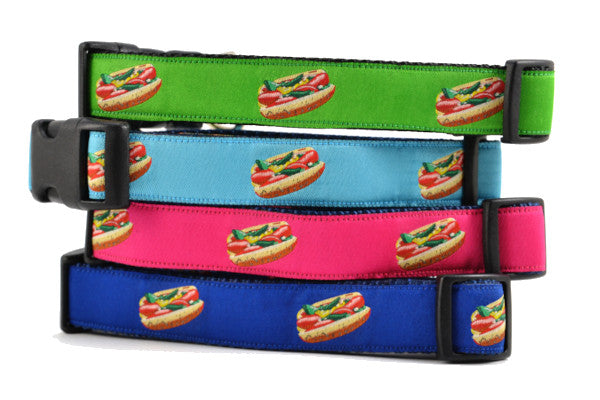 Stack of dog collars with chicago style hot dogs on them