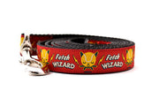Large red dog leash - with words Fetch Wizard - and tennis ball icon with lightening bolts.