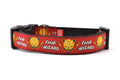 Medium red dog collar with the words Fetch Wizard and a tennis ball icon with lightening bolts.