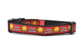Small red dog collar with the words Fetch Wizard and a tennis ball icon with lightening bolts.