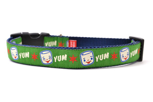 Large Green Dog collar with Marshall the Marshmallow.  Marshall is shown smiling and giggling. The design also includes the word YUM.