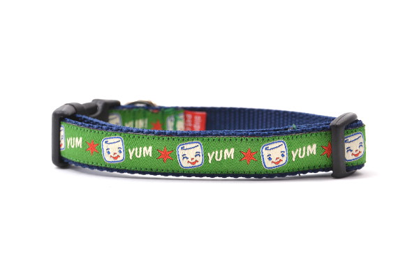 Small Green Dog collar with Marshall the Marshmallow.  Marshall is shown smiling and giggling. The design also includes the word YUM.