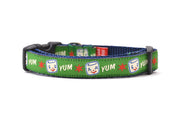 XS Green Dog collar with Marshall the Marshmallow.  Marshall is shown smiling and giggling. The design also includes the word YUM.
