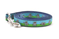 Small Dog leash that is half blue and half green with a dog dressed in a Ninja Suit.  The dog is shown in various tai chi positions.