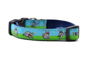 XS Dog collar that is half blue and half green with a dog dressed in a Ninja Suit.  The dog is shown in various tai chi positions.