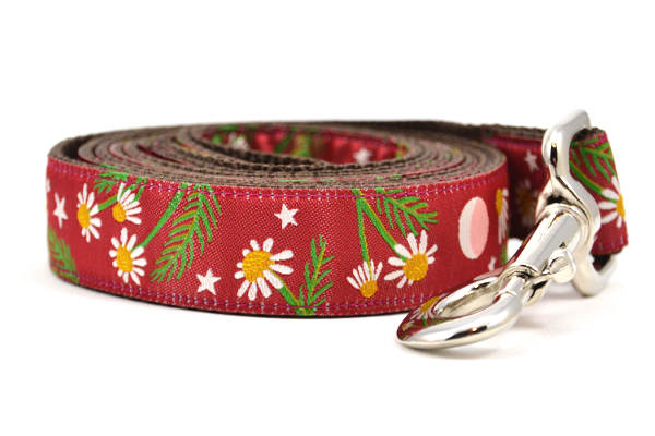 Large burgundy dog leash with chamomile flowers, stars, and half moon design.