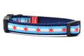 XS dog collar with two light blue stripes and one white stripe and red six pointed stars - representing the Chicago Flag.
