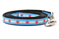 XS dog leash with two light blue stripes and one white stripe and red six pointed stars - representing the Chicago Flag.