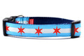 Medium dog collar with two light blue stripes and one white stripe and red six pointed stars - representing the Chicago Flag.