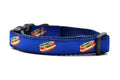 XS navy dog collar with design that represents Chicago Style Hot Dog.