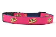Large raspberry dog collar with design that represents Chicago Style Hot Dog.
