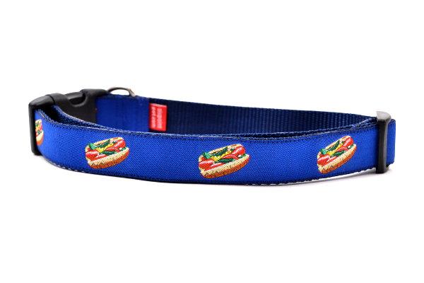 Large navy dog collar with design that represents Chicago Style Hot Dog.