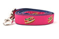 Large raspberry dog leash with design that depicts Chicago Style Hot Dog.