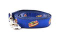 Large navy dog leash with design that depicts Chicago Style Hot Dog.