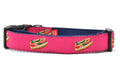 Medium raspberry dog collar with design that represents Chicago Style Hot Dog.