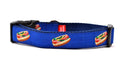 Medium navy dog collar with design that represents Chicago Style Hot Dog.