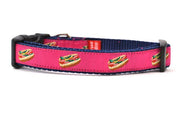 Small raspberry dog collar with design that represents Chicago Style Hot Dog.