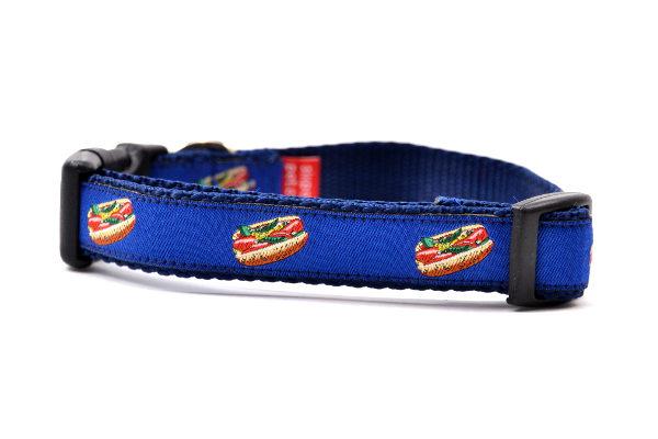 Small navy dog collar with design that represents Chicago Style Hot Dog.