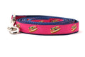 Small raspberry dog leash with design that depicts Chicago Style Hot Dog.