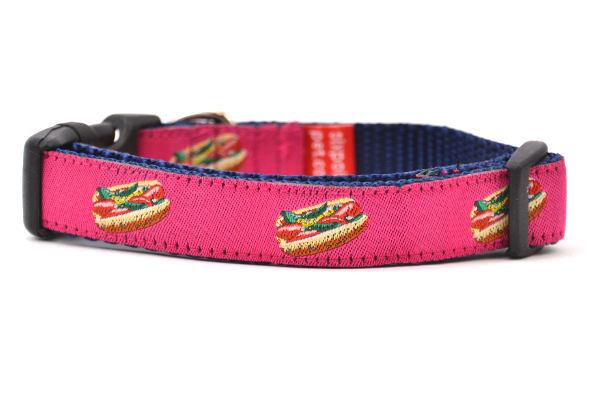 XS raspberry dog collar with design that represents Chicago Style Hot Dog.