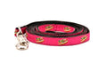 XS raspberry dog leash with design that depicts Chicago Style Hot Dog.