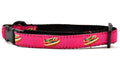 XXS raspberry dog collar with design that represents Chicago Style Hot Dog.
