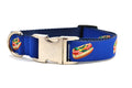Medium navy dog collar with metal clasp with design that depicts the Chicago Style Hot Dog.