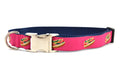 Large raspberry dog collar with metal clasp with design that depicts the Chicago Style Hot Dog.