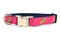 Medium raspberry dog collar with metal clasp with design that depicts the Chicago Style Hot Dog.