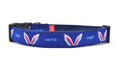 Picture of large navy dog collar with angel wings and words earth angel.