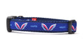 Picture of small navy dog collar with angel wings and words earth angel.