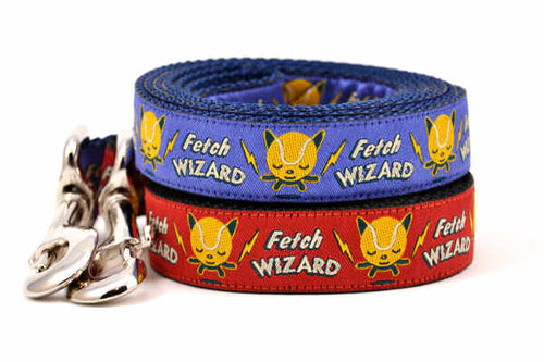 Two dog leashes - one red, one light purple - with words Fetch Wizard - and tennis ball icon with lightening bolts.