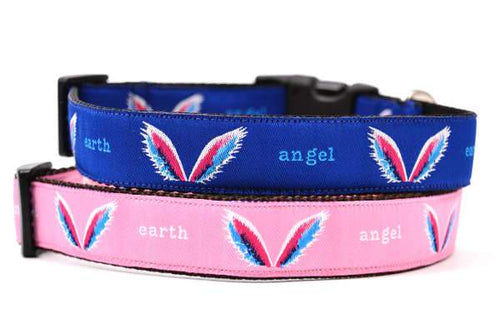 Picture of two dog collars one pink one blue stacked.  Dog design includes angel wings and the words earth angel.