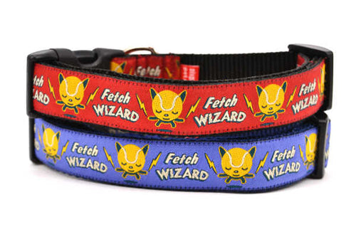 Two dog collars - one red, one light purple - with words Fetch Wizard and a tennis ball icon with lightening bolts.