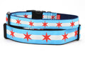 Stack of two dog collars with two light blue stripes and one white stripe and red six pointed stars - representing the Chicago Flag.