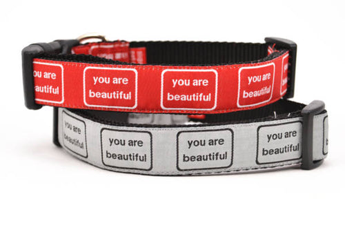 Two dog collars stacked.  One is silver with the words you are beautiful in black.  One is red with the words you are beautiful in white.