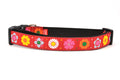 Large red dog collar with daisy chain pattern and colorful daisy flowers.