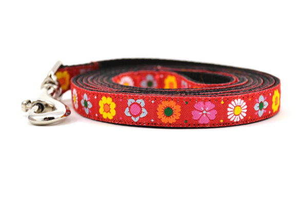 XS red dog leash with daisy chain pattern and colorful daisy flowers.