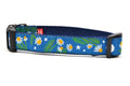 Medium dark teal dog collar with chamomile flowers, stars, and half moon design.