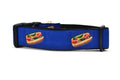 Wide medium navy dog collar with design that represents Chicago Style Hot Dog.