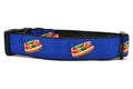Wide large navy dog collar with design that represents Chicago Style Hot Dog.