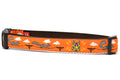Large orange dog collar - design includes squirrels running on telephone wires and squirrel in lucha libre mask.  The mask is purple and yellow with electrical sparks coming from the mask.