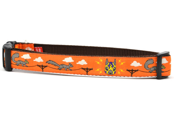 Large orange dog collar - design includes squirrels running on telephone wires and squirrel in lucha libre mask.  The mask is purple and yellow with electrical sparks coming from the mask.