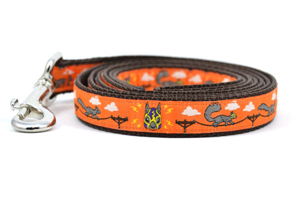One small orange dog leash - design includes squirrels running on telephone wires and squirrel in lucha libre mask.  The mask is purple and yellow with electrical sparks coming from the mask.