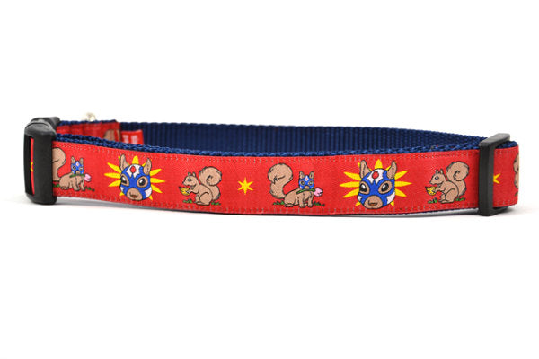 Large red dog collar - design includes squirrel in lucha libre mask with a yellow flower behind it and a tulip on the mask.  One small squirrel with a tulip in its mough and one with a tulip bulb.  Also, a six pointed star.