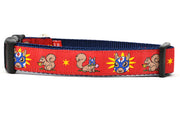 Medium red dog collar - design includes squirrel in lucha libre mask with a yellow flower behind it and a tulip on the mask.  One small squirrel with a tulip in its mough and one with a tulip bulb.  Also, a six pointed star.