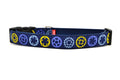 Large navy dog collar with light blue, yellow, and purple bicycle sprockets.