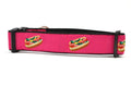 Wide raspberry dog collar with design that represents Chicago Style Hot Dog.
